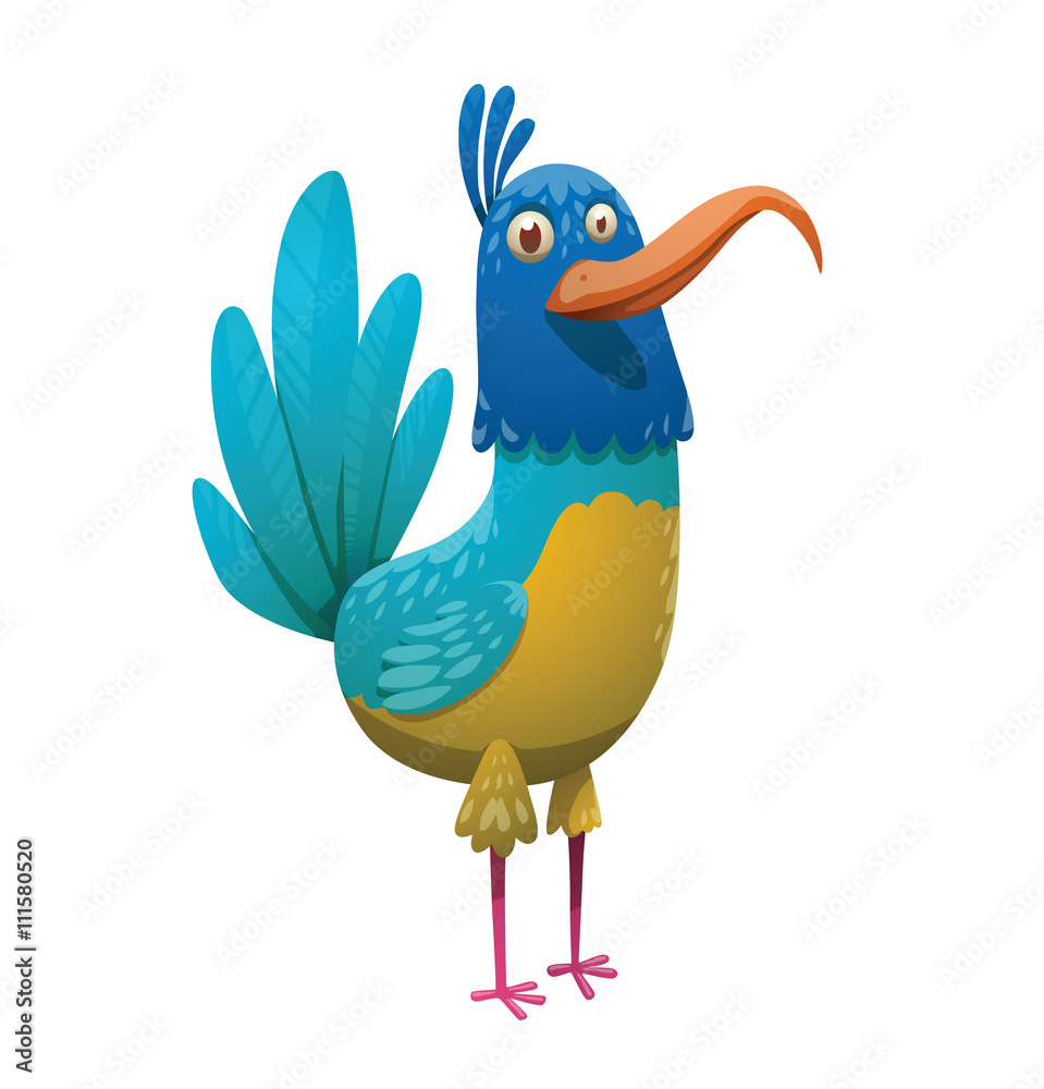 Cartoon image of a funny fantasy beautiful tropical bird with bright blue- yellow feathers, big blue tail and big hooked orange beak standing on a  white background. Vector illustration. Tropical bird. Stock Vector |
