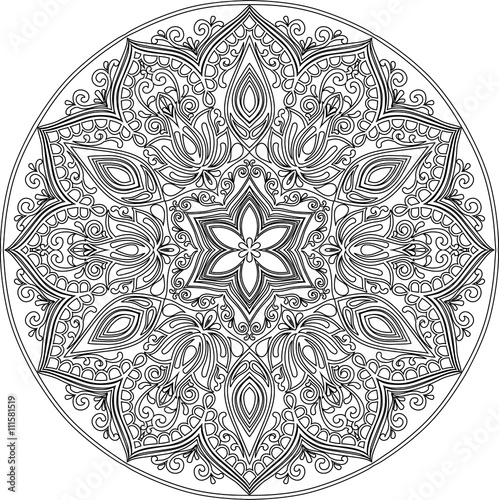 Drawing of a floral mandala in ethnic tribal stile, black lineart on white background
