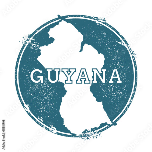 Grunge rubber stamp with name and map of Guyana, vector illustration. Can be used as insignia, logotype, label, sticker or badge of the country.