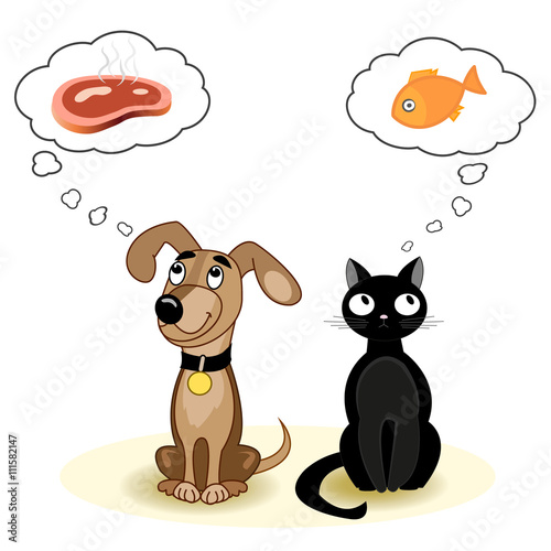 Cat and dog dreaming about food