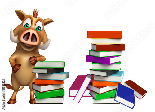 cute  Boar cartoon character with book stack © visible3dscience