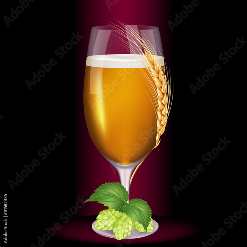 Glass of light beer wrapped wheat spikelet near with fruits of hop. Realistic vector illustration