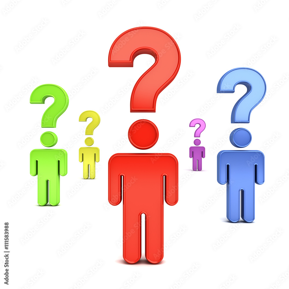 3d men symbol thinking with question marks above their heads isolated over white background with shadow.Too many problems concept. 3D rendering. 3d men symbol thinking with question marks above their heads isolated over white background with shadow.Too many problems concept. 3D rendering.