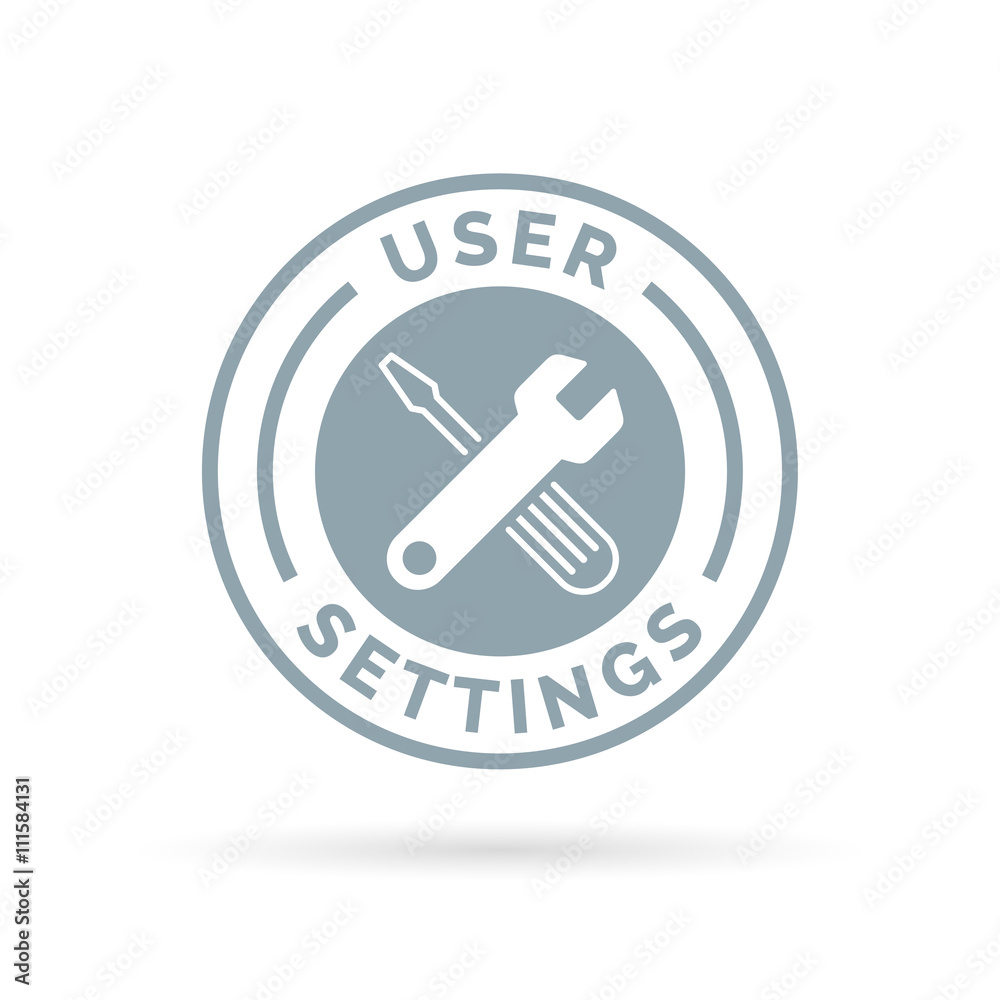 User app settings badge sign with grey spanner configuration tools icon silhouette. Vector illustration. User app settings badge sign with grey spanner configuration tools icon silhouette. Vector illustration.