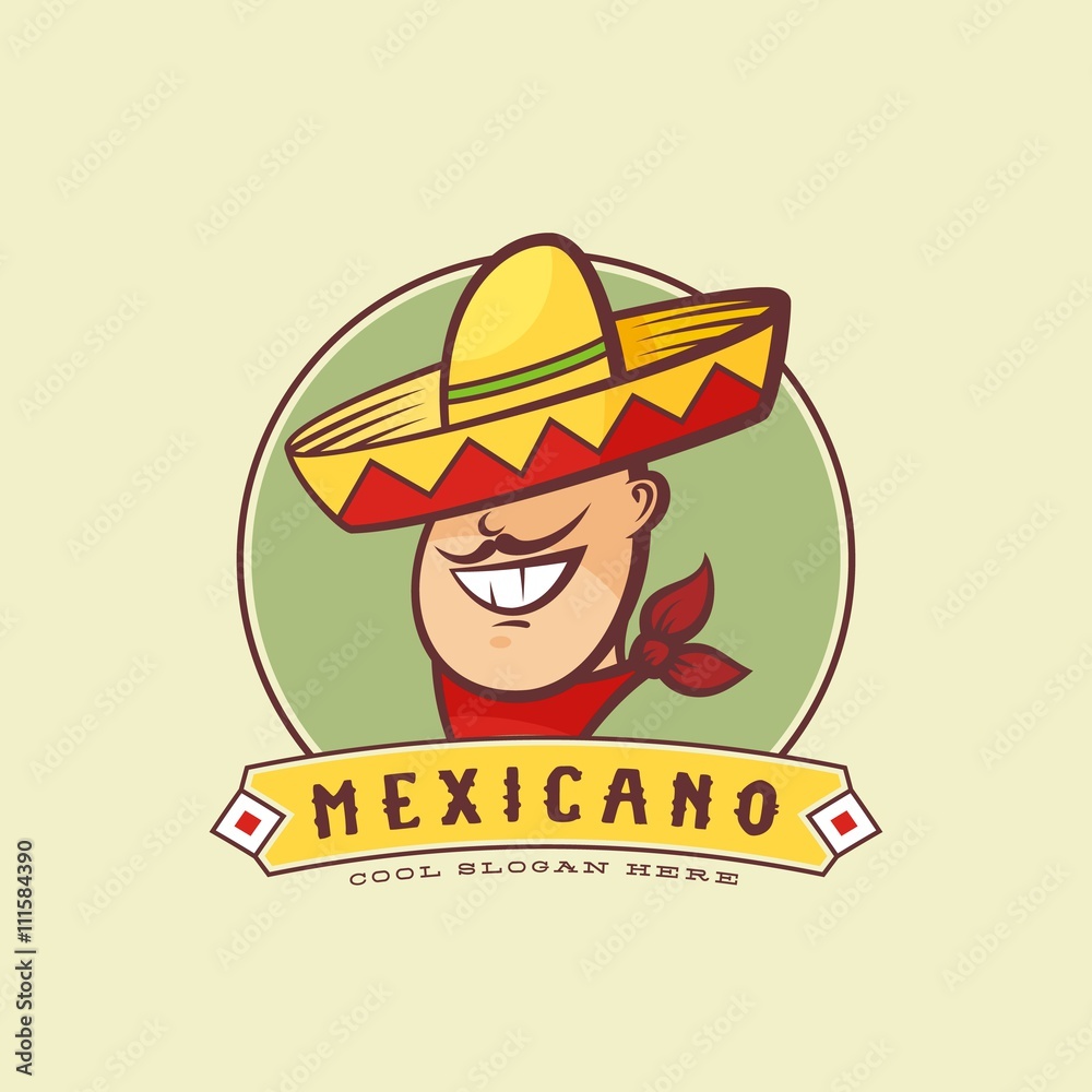 Mexican in Traditional Sombrero Abstract Vector Sign or Logo Template. Smiling Man with Mustache and Hat Symbol. 