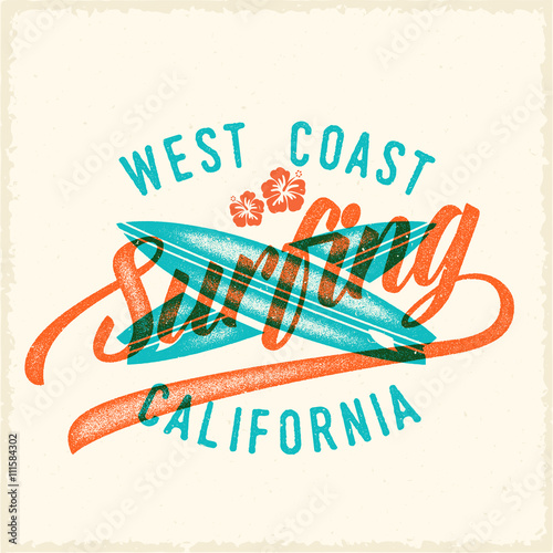 Fototapeta Naklejka Na Ścianę i Meble -  Retro Print Style Surfing Vector Label or Logo Template. Two Crossed Surfboards and Vintage Typography. 