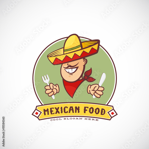 Mexican Food Abstract Vector Sign or Logo Template for Restaurants, Cafe, Meal Delivery. Smiling Man in Traditional Sombrero, Bandana, holding Fork and Knife. Bright Colors. 