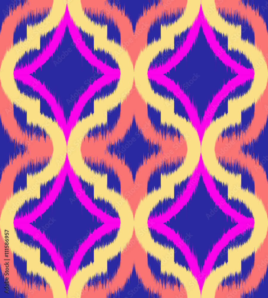 Seamless ogee ikat, vector ethnic background, traditional eastern pattern in vibrant neon colors.
