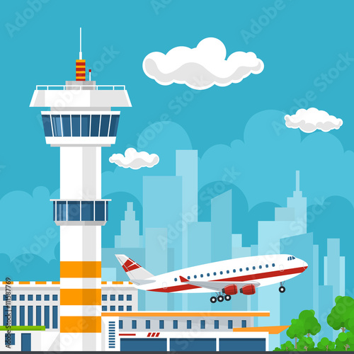 Airplane Takes Off from the Airport, Control Tower and Airplane on the Background of the City, Travel and Tourism Concept , Air Travel and Transportation, Vector Illustration