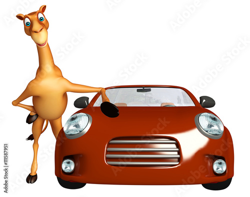 Camel cartoon character with car