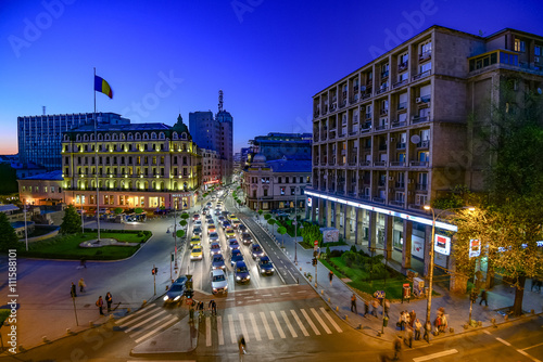 Bucharest, Romania - April 21, 2016: Bucharest city center and Calea Victoriei(Victory Avenue) seen from above at night.