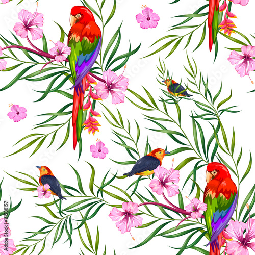 Seamless Pattern with Exotic Tropical Flower and colorful bird © vectomart