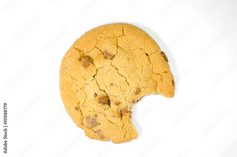 Cookie with bite missing on white background