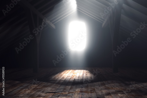 3d rendering of darken empty attic with light rays photo