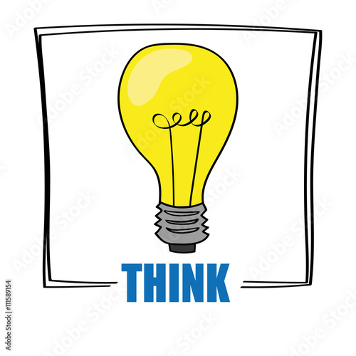 A bright yellow light bulb above the word THINK as a concept for ideas and creativity
