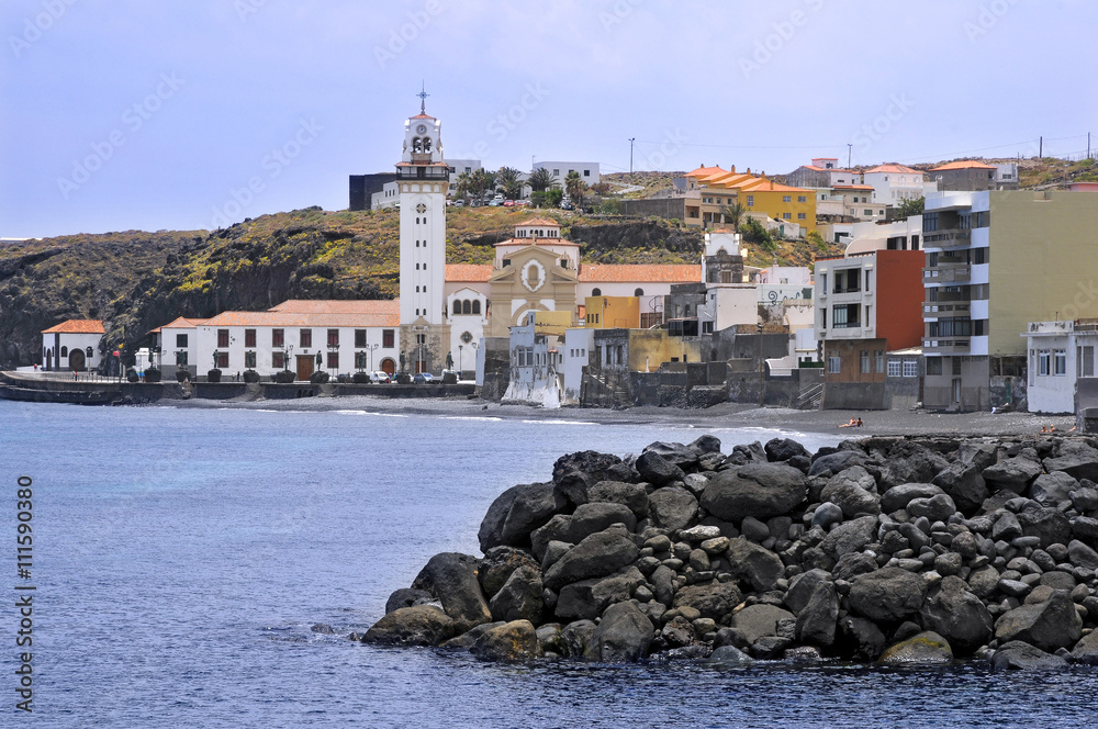 Famous basilica of Candelaria and pebble beach in the eastern part of Tenerife in the Spanish Canary Islands
