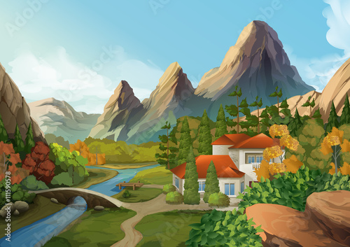 House in the mountains, nature landscape, vector background