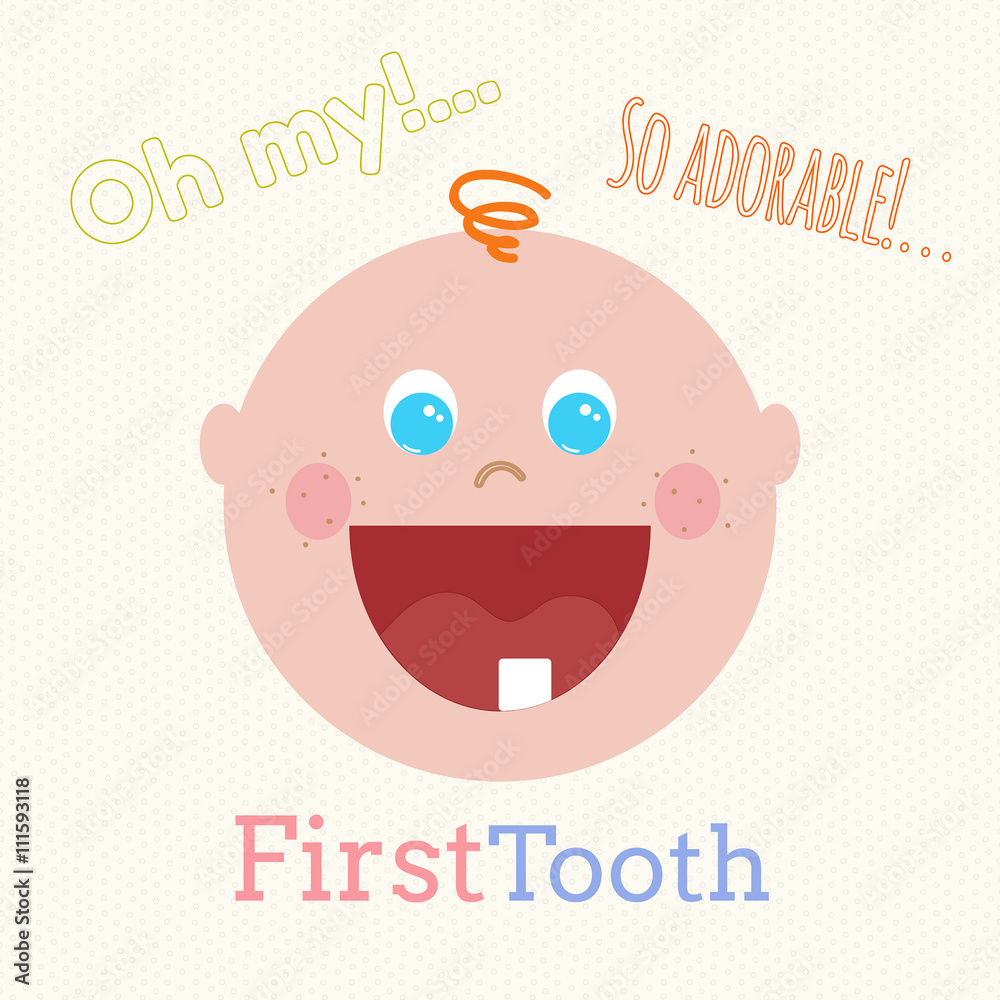 Cute baby first tooth vector concept. Funny cartoon smiling little boy
