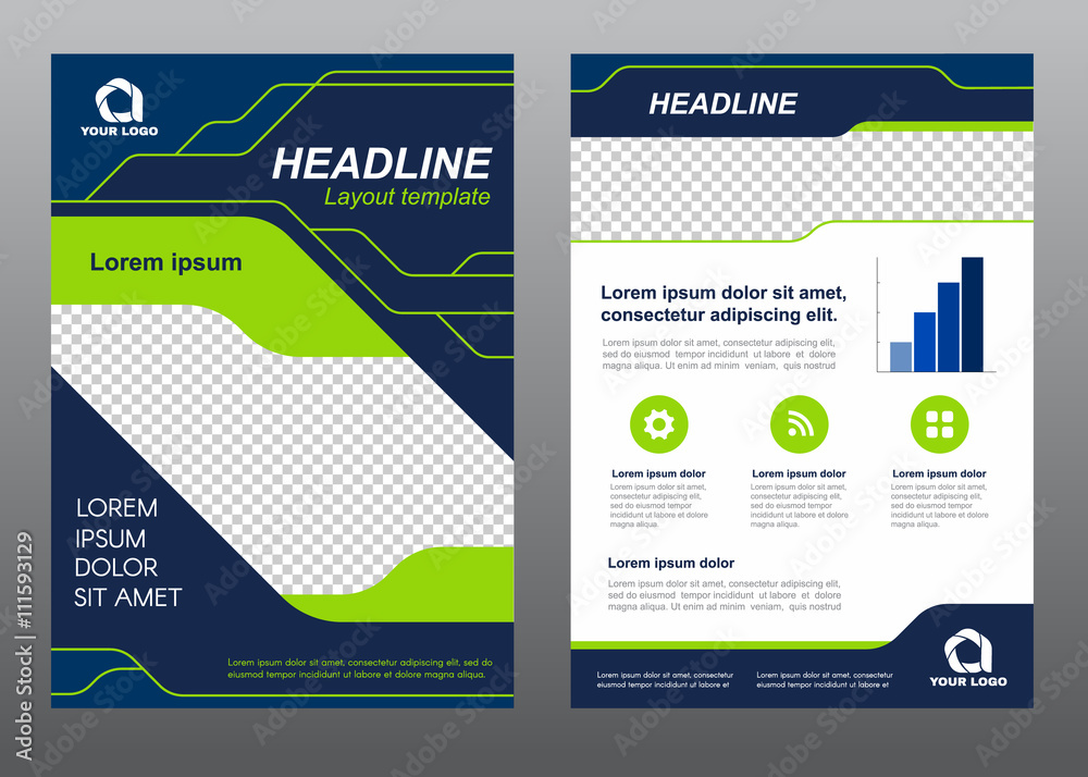 Layout flyer template size A4 cover page Green light line and dark blue art Vector design