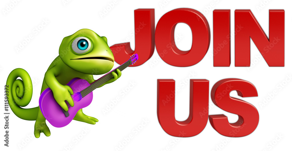 Obraz premium fun Chameleon cartoon character with guitar and join us sign