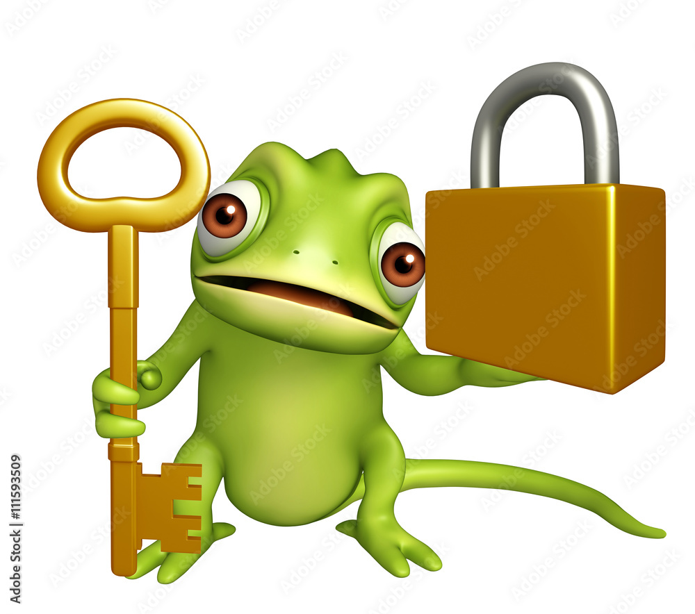 cute Chameleon cartoon character with lock and key Stock Illustration |  Adobe Stock
