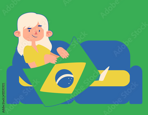 Cartoon Girl Holding a Brazilian Flag on a Sofa