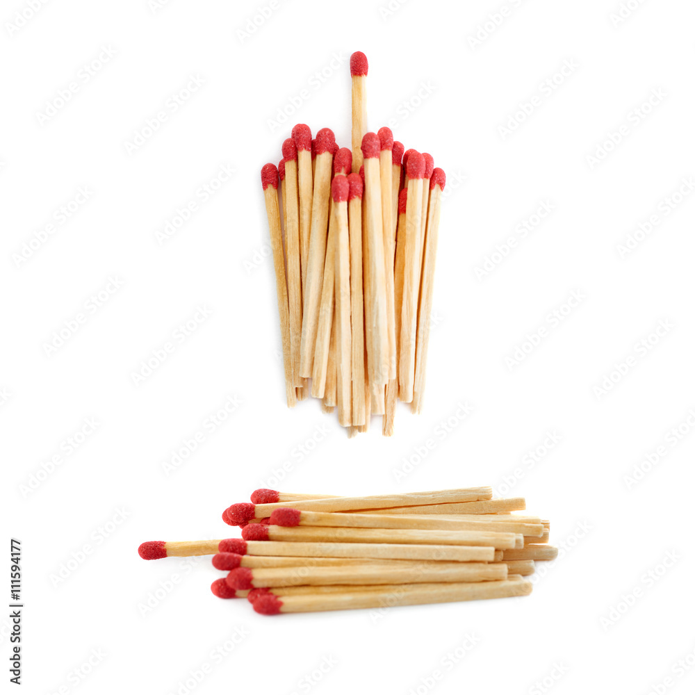 Set of Pile of Wooden matches isolated over the white background