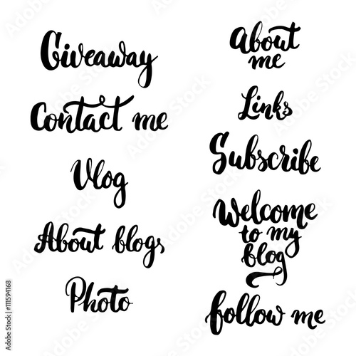 Hand drawn typography lettering phrase Giveaway, Photo, Vlog, Contact me, Follow me, About blog, Subscribe, Links
