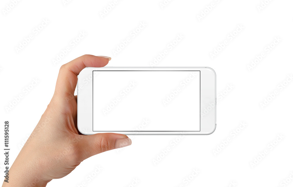 Smart phone in woman hand. Horizontal position. Isolated screen for mockup. Smart phone in woman hand. Horizontal position. Isolated screen for mockup.