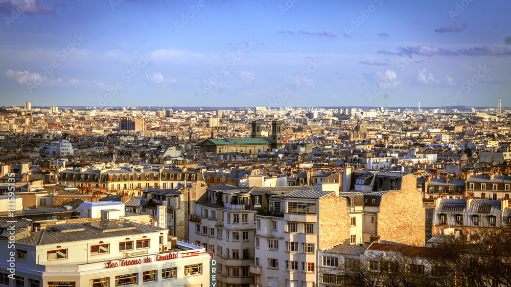 Paris, France - April 5, 2016:  View of Parisian rooftops from the top of Montmartre hill