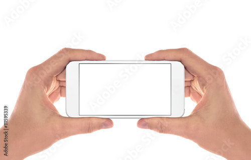 Smart phone in man hands. Horizontal position. Isolated screen for mockup.