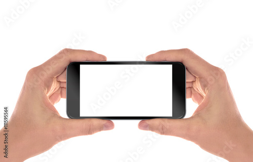 Smart phone in man hands. Horizontal position. Isolated screen for mockup.