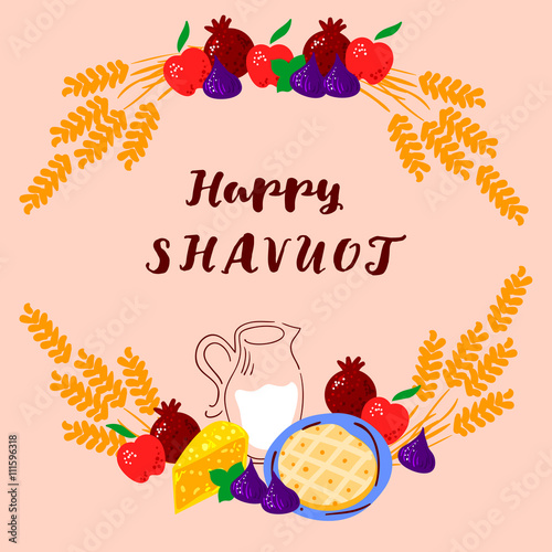 Concept of Judaic holiday Shavuot. Happy Shavuot in Hebrew. Israel holiday card