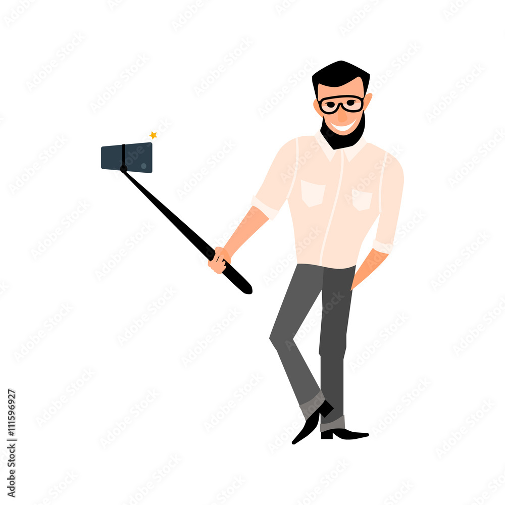 Smiling male with a beard hipster take photos Smiling male with a beard hipster take photos