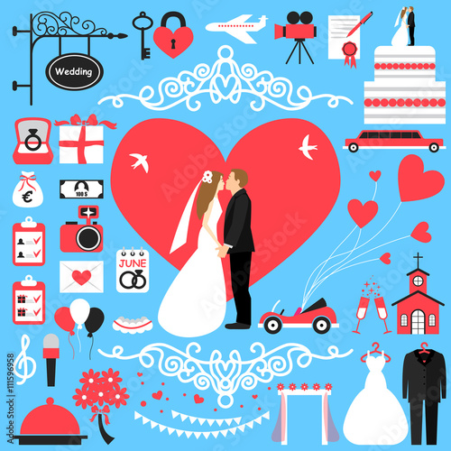 Decorative wedding flat design elements collection. Set of wedding icons. Wedding set with graphic elements for infographic or invitation design. Bride and groom wedding couple. Save The Date
