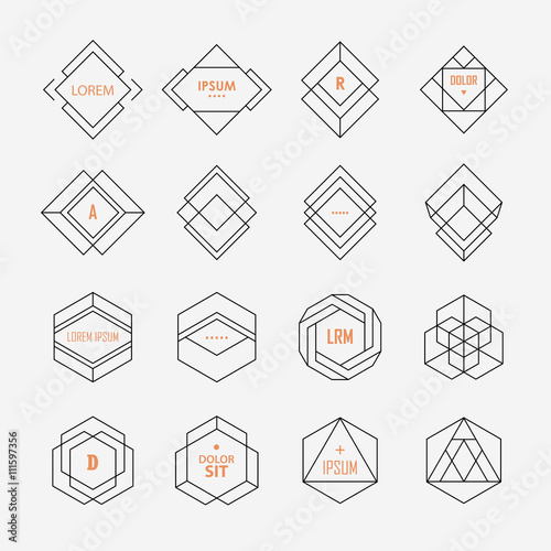 Set of geometric signs, logotypes and frames. Minimal hipster style. Line design elements.