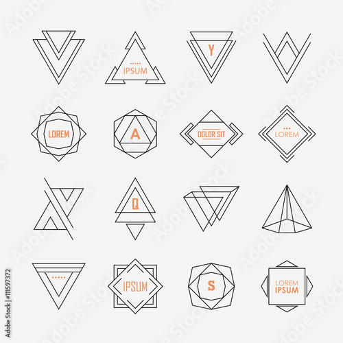 Set of geometric signs, logotypes and frames. Minimal hipster style. Line design elements.