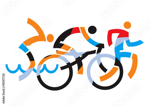 Triathlon race. 
Three triathlon athletes on the colorful and black background. Vector available. 
