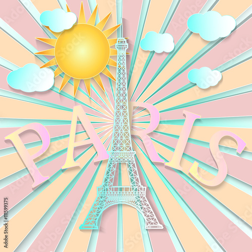 Eiffel Tower with sun and clouds in paper cut style.