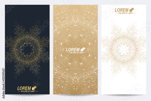 Modern set of vector flyers. Molecule and communication background. Geometric abstract round golden forms. Connected line with dots. Graphic composition for medicine, science, technology, chemistry