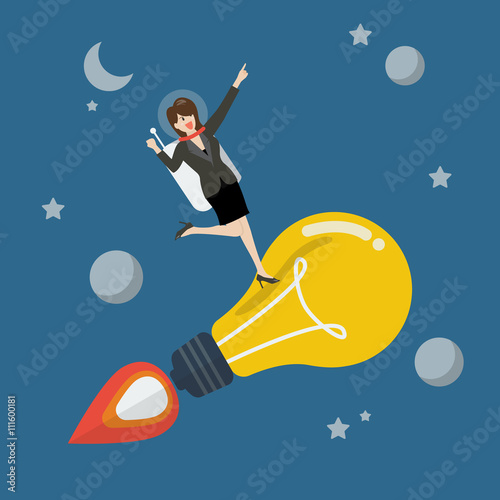 Business woman astronaut on a moving lightbulb idea rocket
