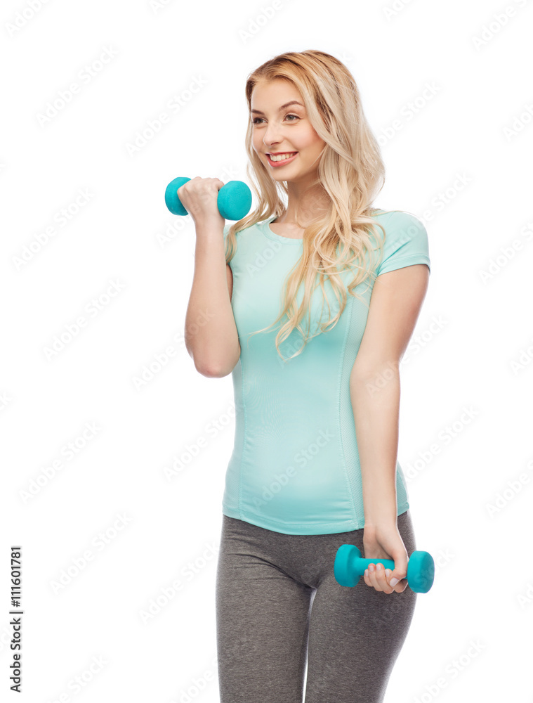 happy beautiful young sporty woman with dumbbells happy beautiful young sporty woman with dumbbells