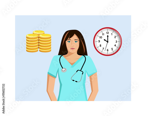 Flat vector image of a female doctor with money and a clock