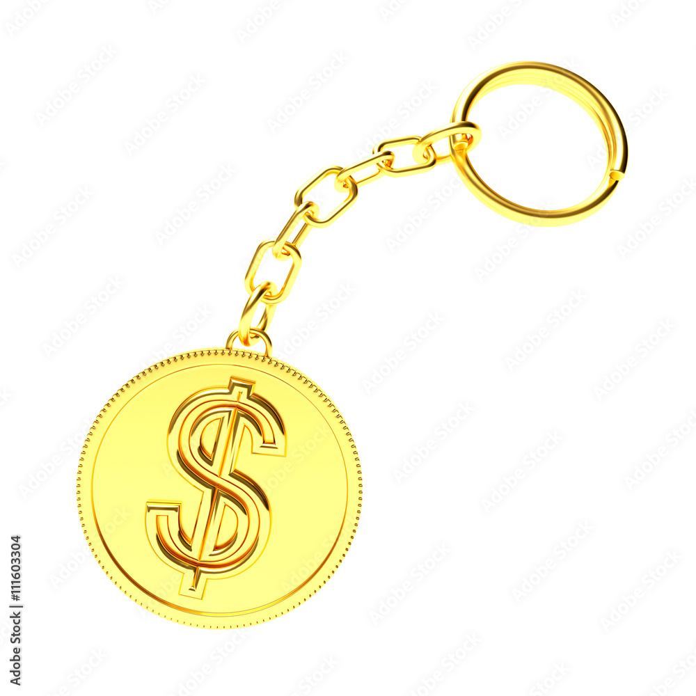 Golden key chain with dollar sign isolated on white background. Golden key chain with dollar sign isolated on white background.