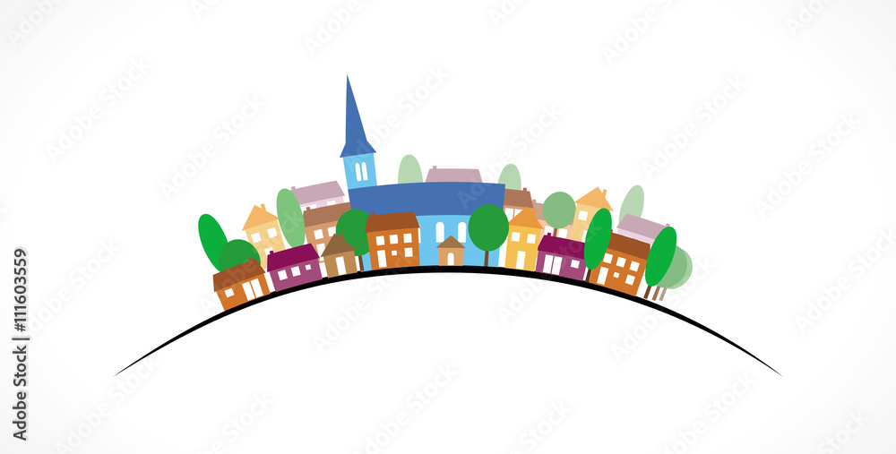 Fototapeta premium Village silhouette couleurs sur courbe