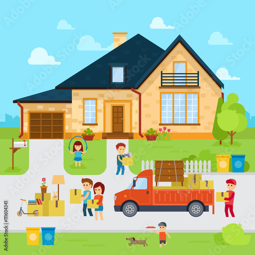 People moving into a new home stock vector, flat design illustration. Infographic elements