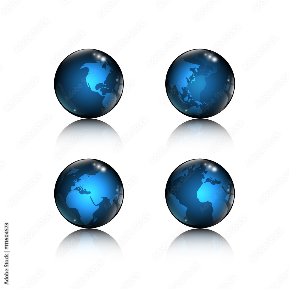 set of 4 logo icon blue globe with world map elements design on white background