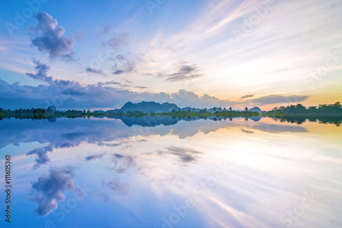 Beautiful dramatic view of nature landscape will full reflection in the morning.