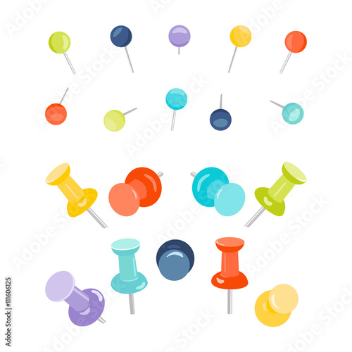 Set of colored push pins on white background. Collection of push pins for maps. Thumbtacks. Pins stationery products. Needles and tacks. Vector illustration.