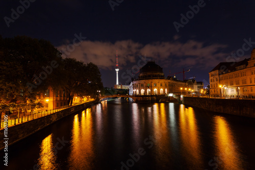 night view on Bode Museum and Television Tower in Berlin, Germany